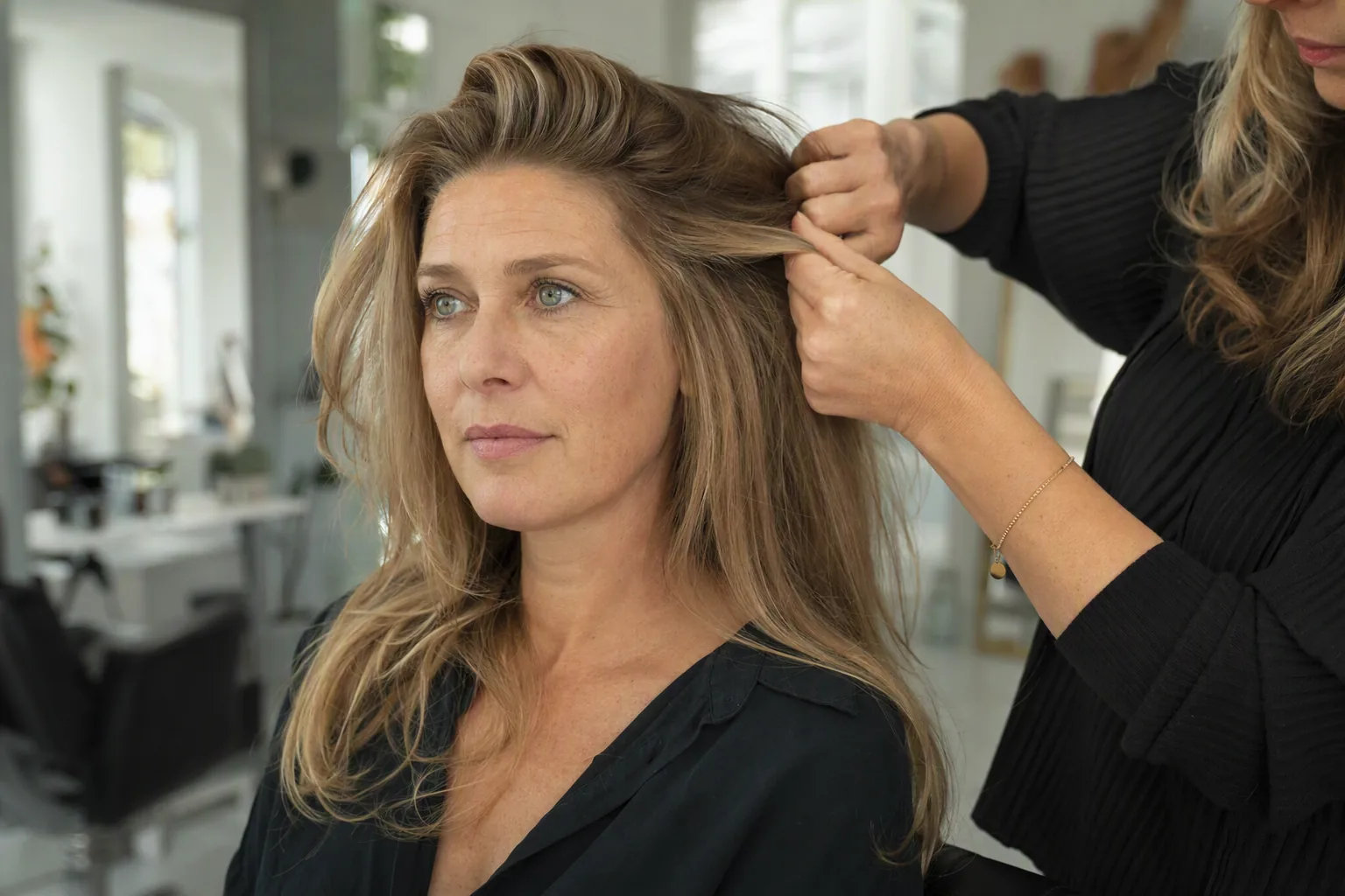 Friseurin teilt im Salon das lange blonde Haar einer Kundin am Spiegelplatz ab