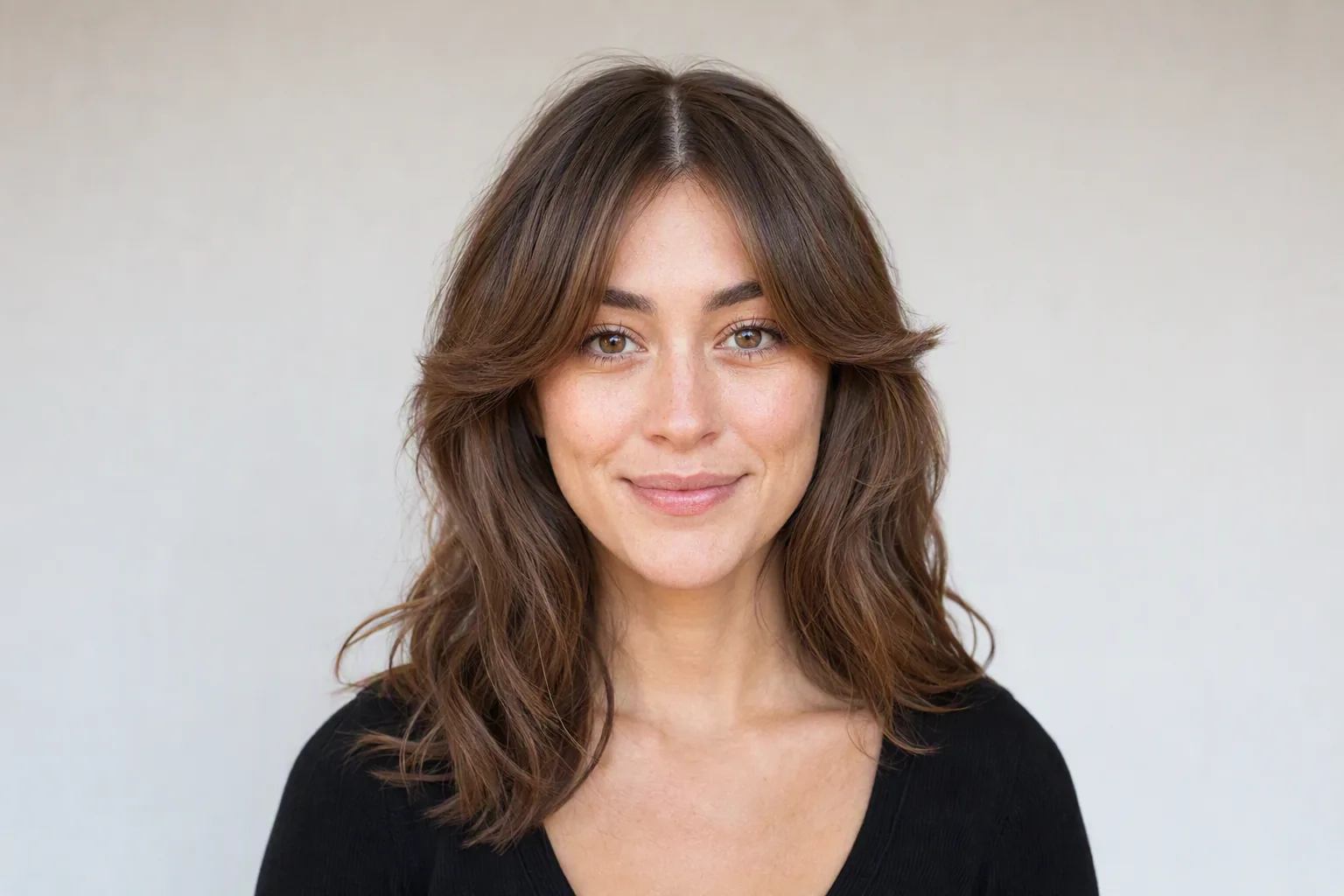 Centre-parted curtain bangs grazing the eyebrows and sweeping outward into loose mid-length brown waves