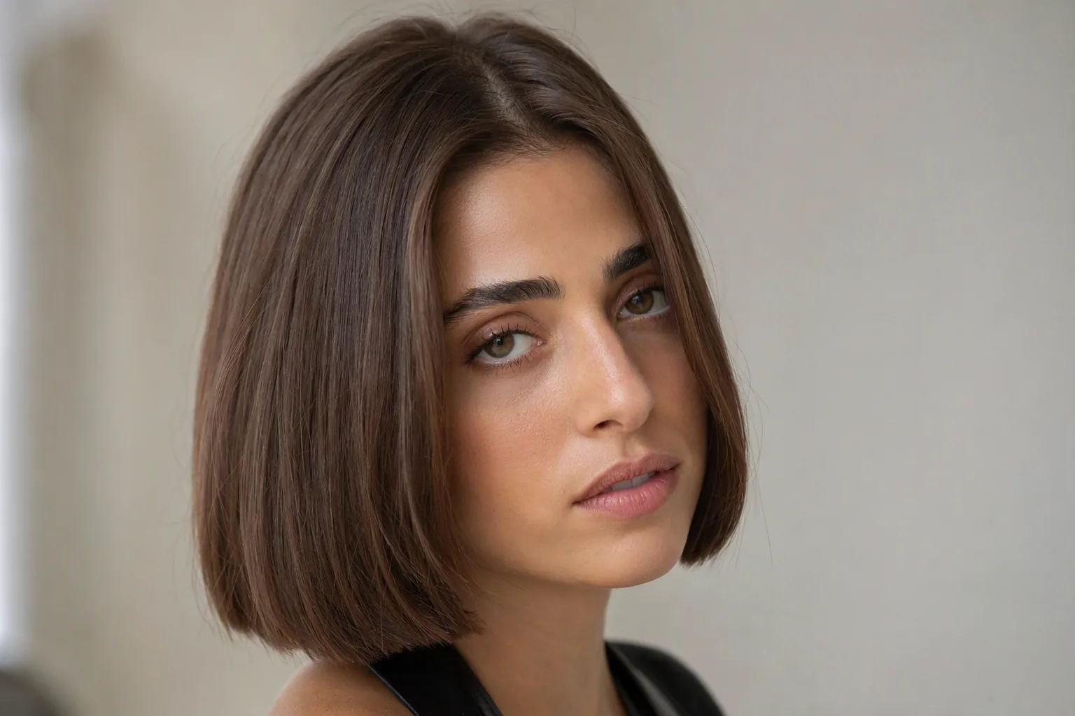 תקריב של שיער חום חלק ומבריק בתספורת בוב, בתאורה רכה