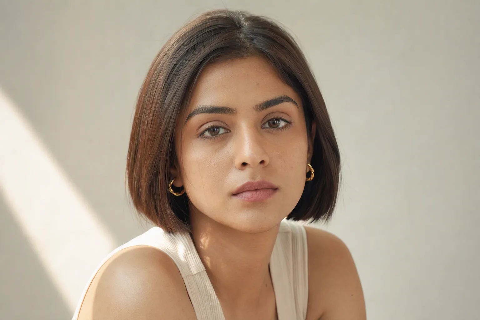 धूप पड़ती हल्की दीवार के सामने खुले लंबे काले बालों और सुनहरी बालियों वाली युवती का क्लोज़अप