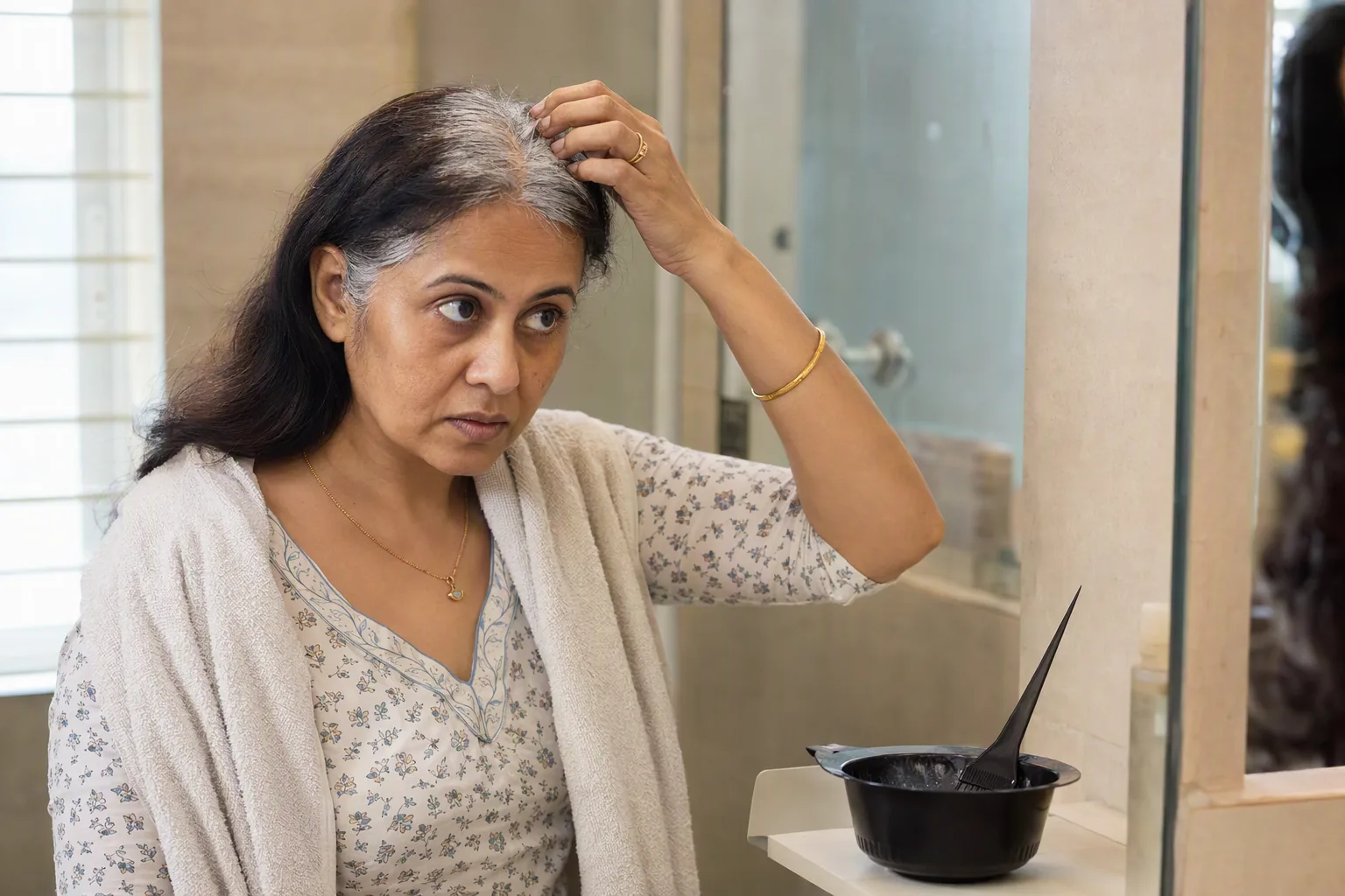 आईने के सामने महिला अपनी मांग में सफेद बालों की जड़ें देख रही है, पास में हेयर कलर का कटोरा और ब्रश