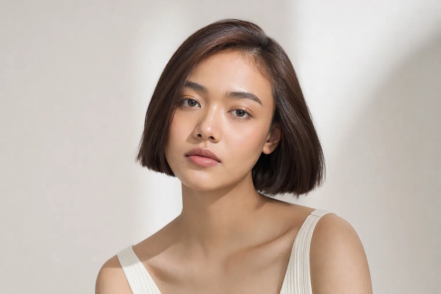 Perempuan berambut bob cokelat berdiri dekat jendela, warna rambut terlihat jelas