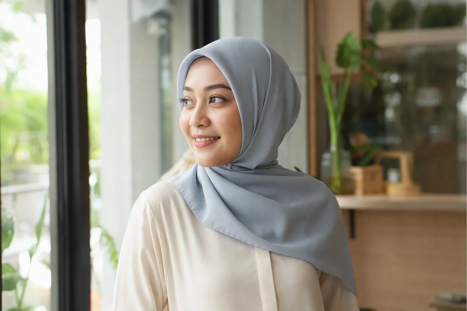 Perempuan berhijab biru muda yang rapi tanpa tonjolan di bagian belakang kepala, duduk di kafe dengan cahaya alami