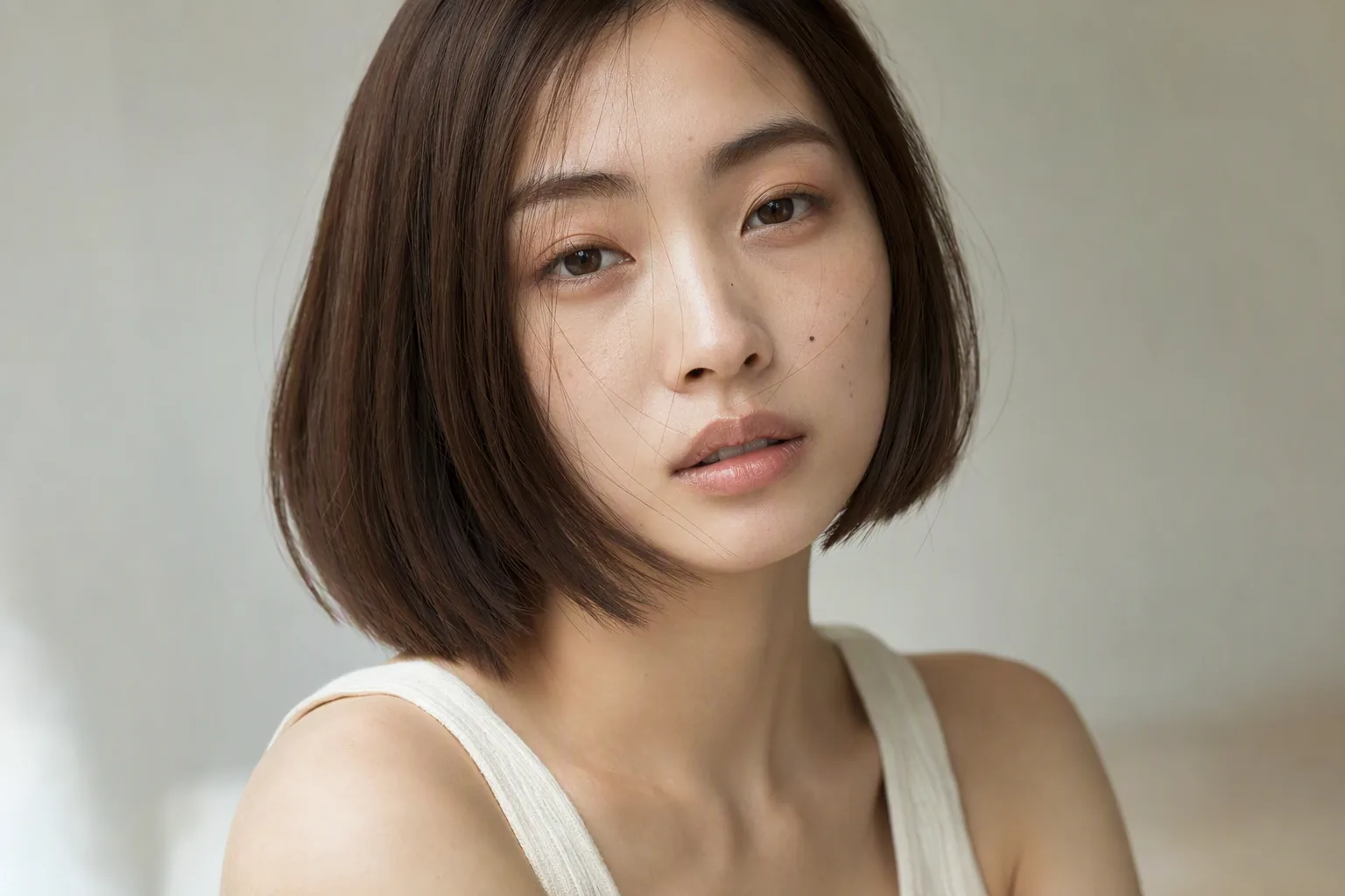 ブラウンに染めたボブヘアの女性が柔らかい光の中で正面を向いている