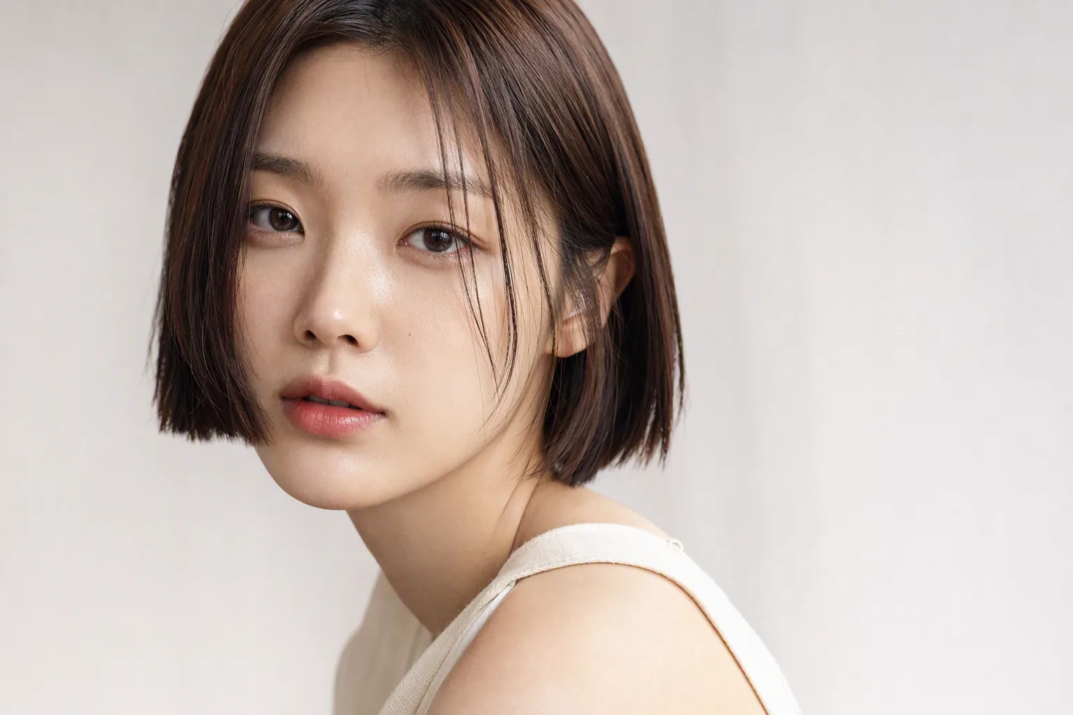크림색 나시를 입은 여성이 짙은 갈색 단발을 보여주며 카메라를 바라보는 모습