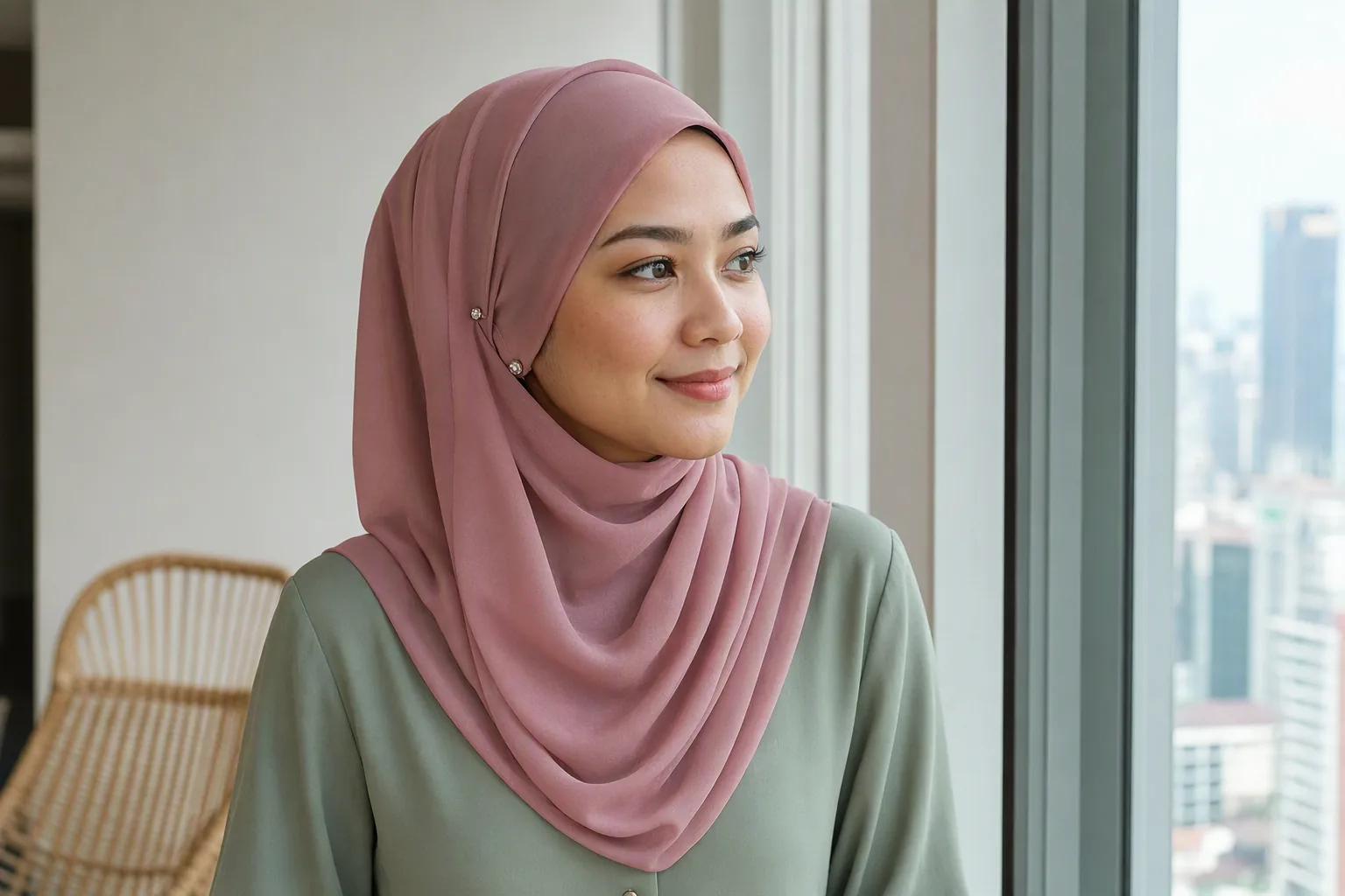 Wanita bertudung warna rose yang licin dan kemas tanpa bonjol di belakang kepala, di tepi tingkap dengan cahaya siang