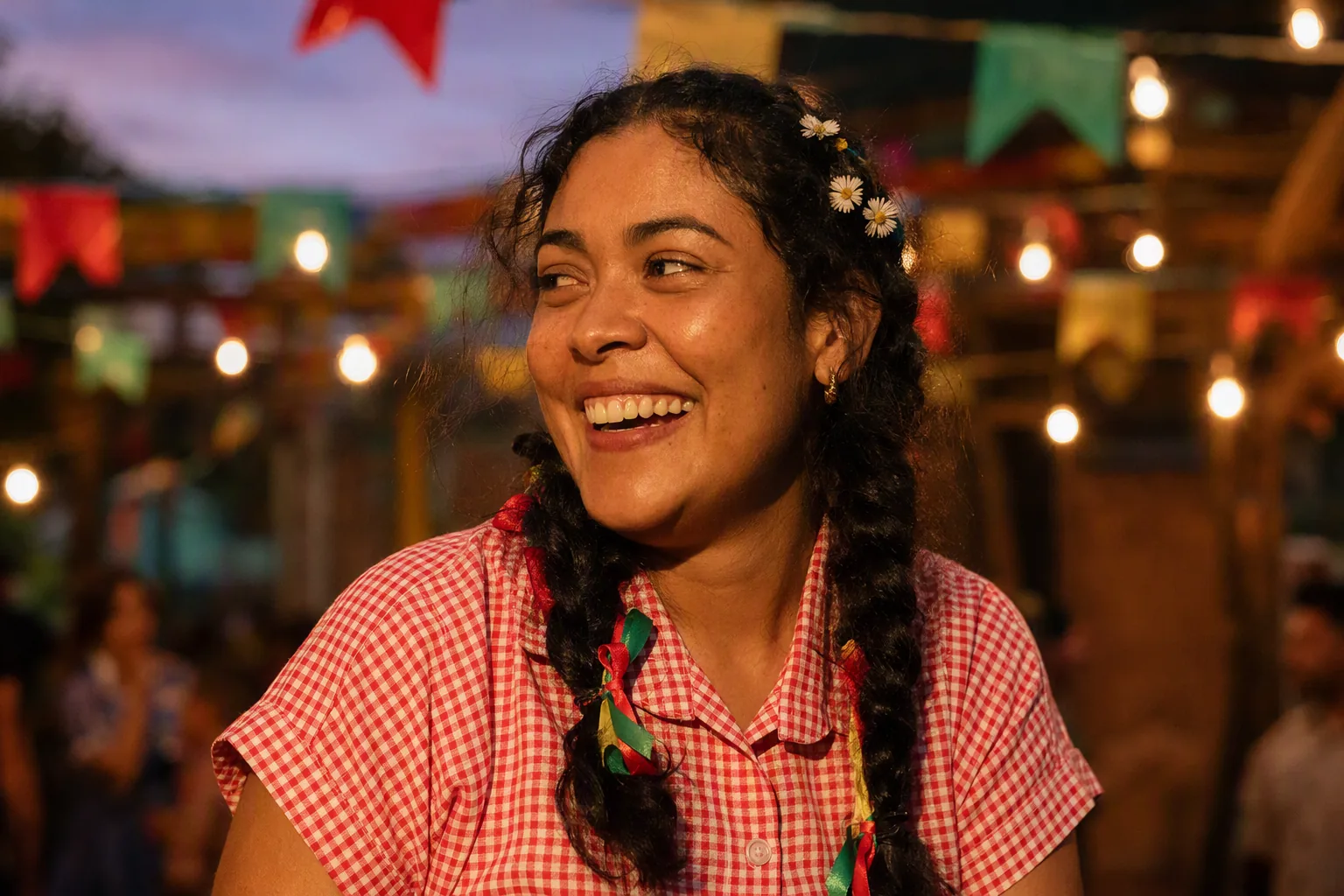 Mulher sorrindo em uma festa junina, com tranças amarradas com fitas coloridas e camisa xadrez vermelha, sob bandeirinhas e luzes