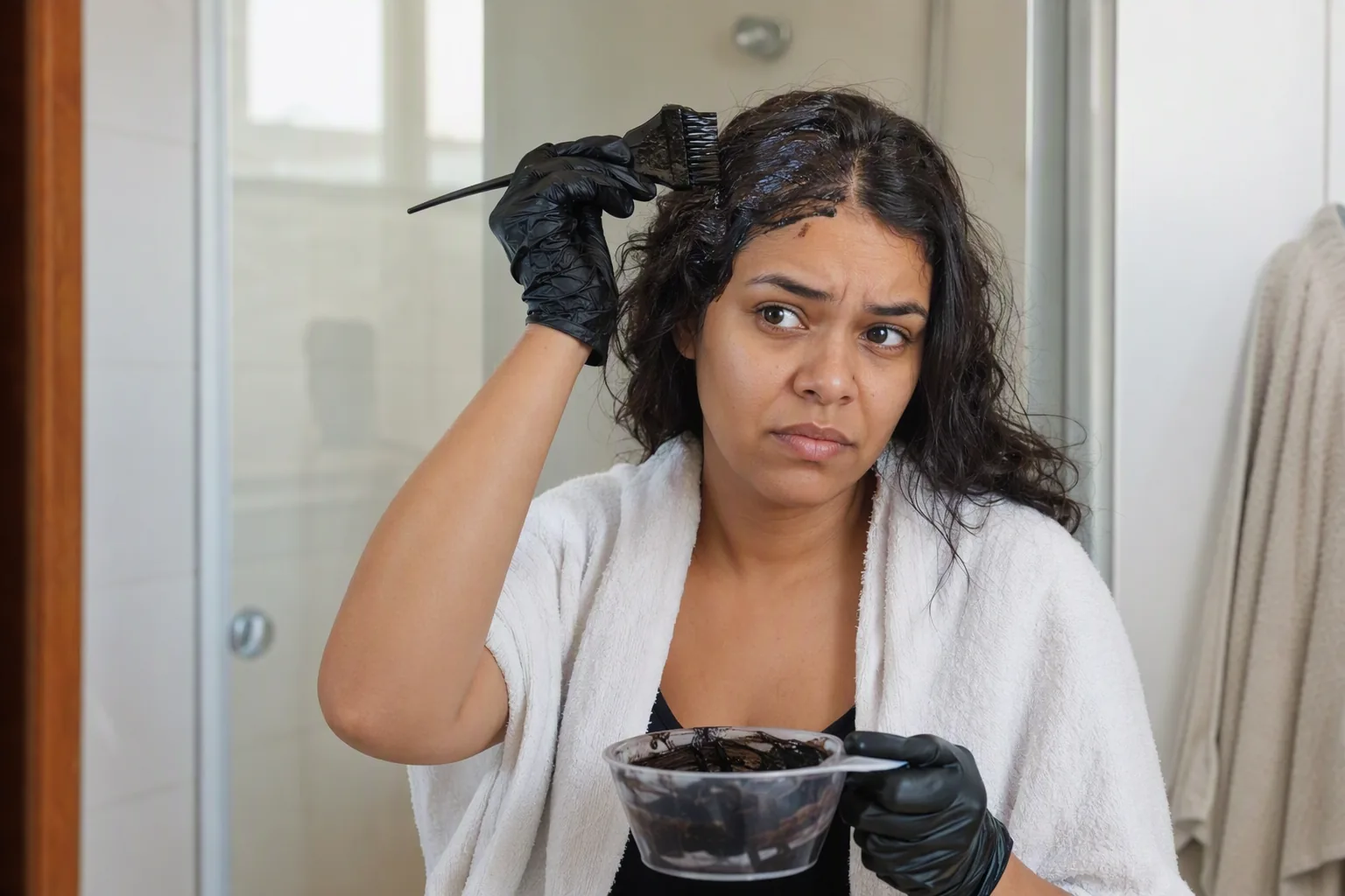 Mulher aplicando tintura no próprio cabelo em casa, com luvas pretas, pincel e tigela, olhando preocupada para o espelho