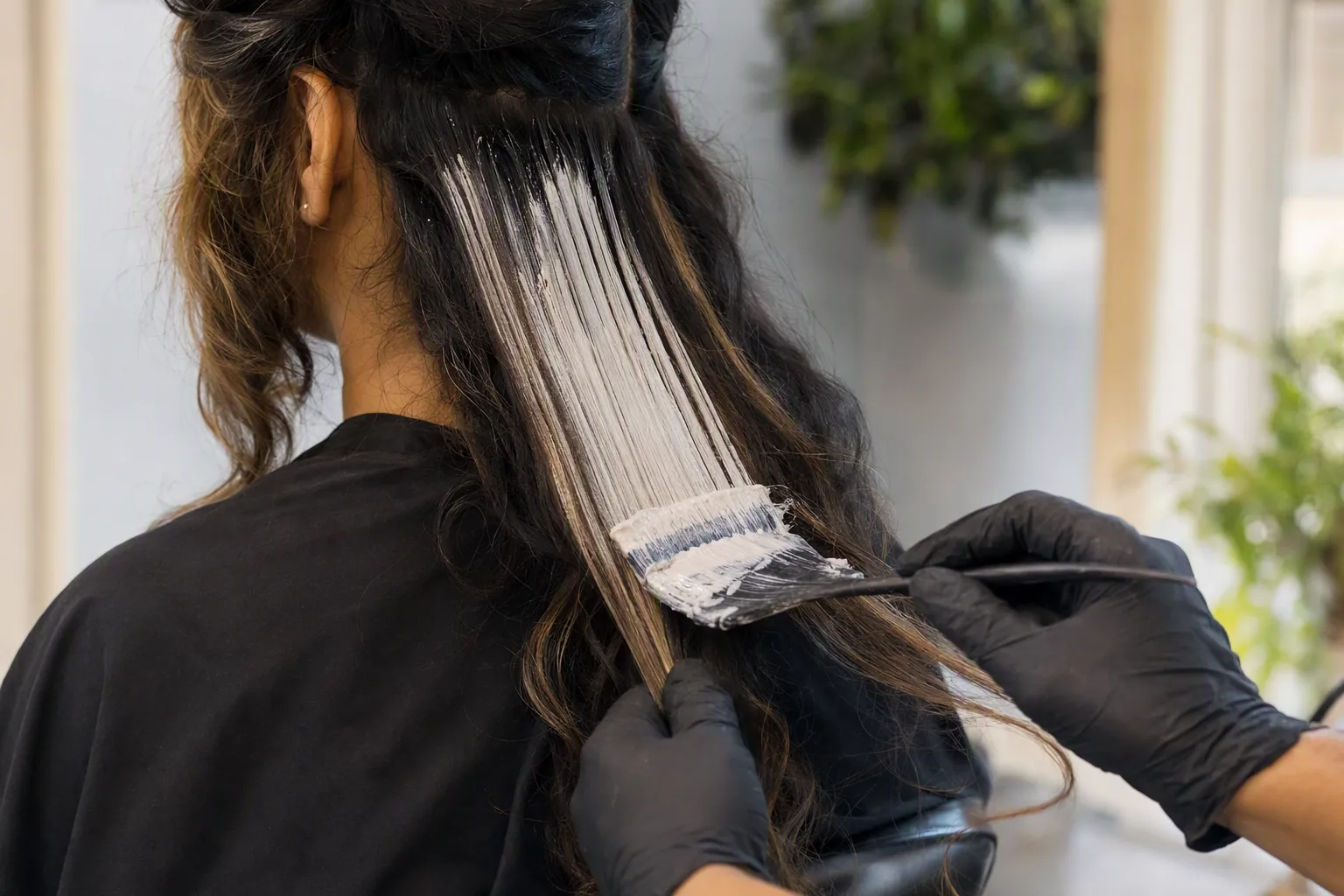 Mãos de colorista com luvas pintando descolorante à mão livre no comprimento de um cabelo escuro