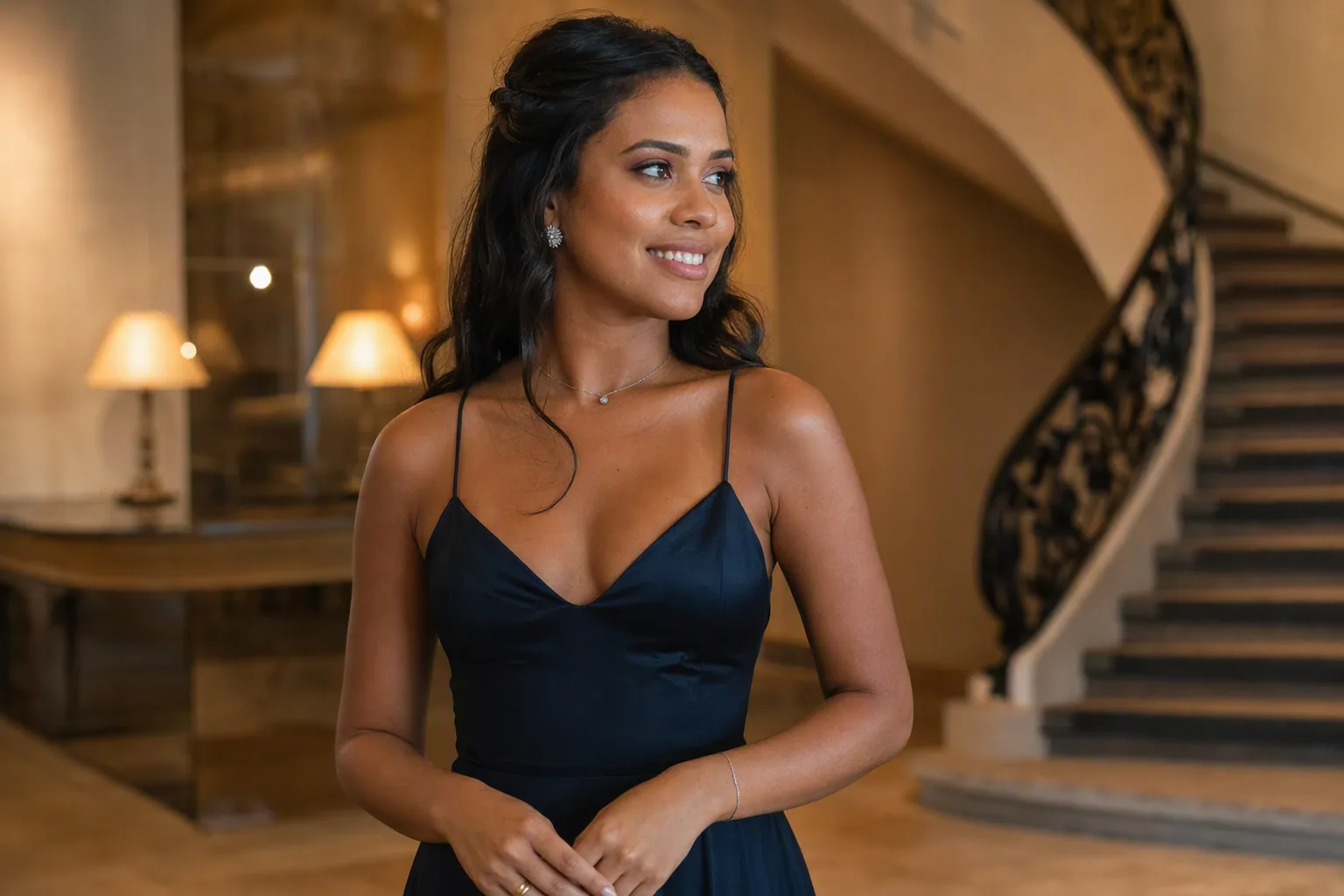 Formanda com penteado semipreso em ondas e vestido escuro de festa, pronta para o baile