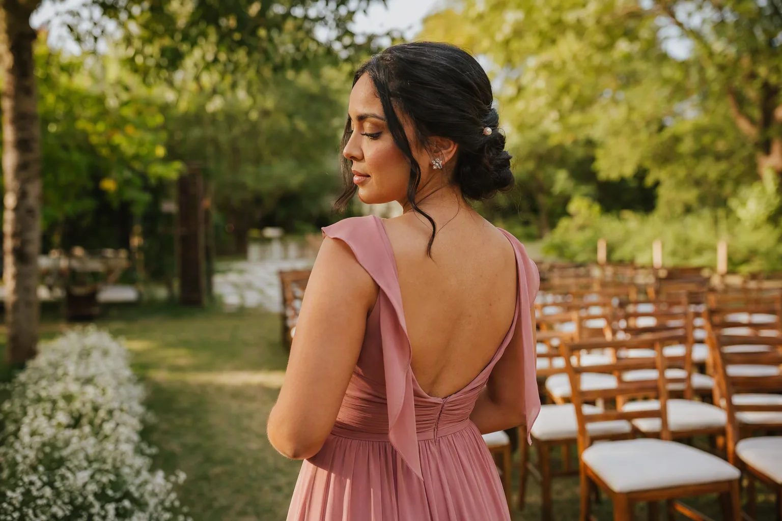 Madrinha de vestido rosa vista de costas, com coque baixo preso por grampo de pérola, em cerimônia ao ar livre