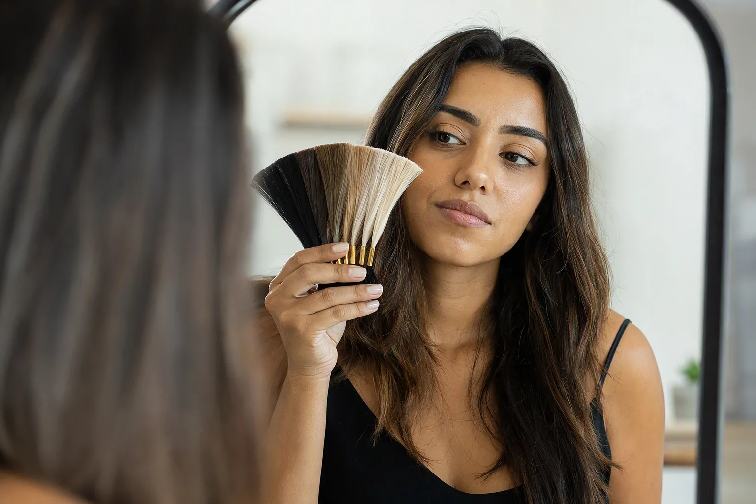 Mulher diante do espelho segurando um leque de amostras de cor perto do cabelo