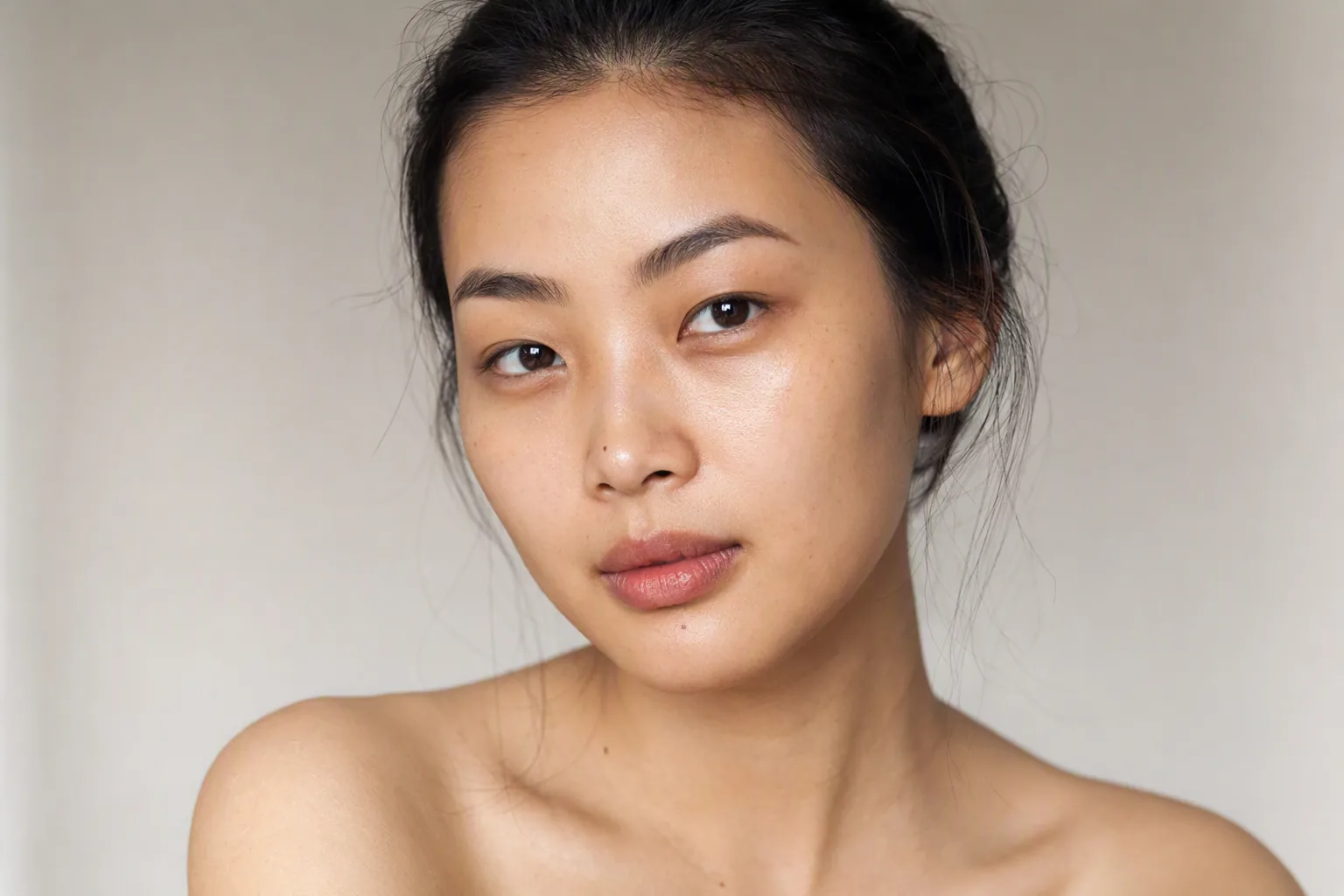 Chân dung cận cảnh cô gái da nâu sáng, tóc đen vuốt gọn, nền tường trung tính
