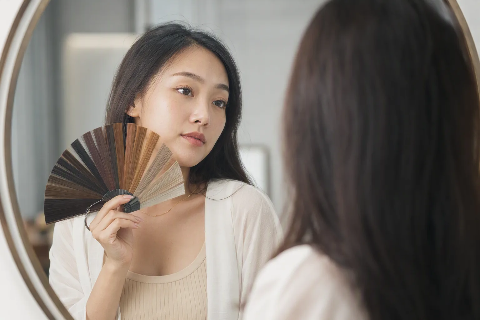 Cô gái soi gương tròn, tay cầm bảng mẫu màu tóc hình quạt đưa lên cạnh mái tóc
