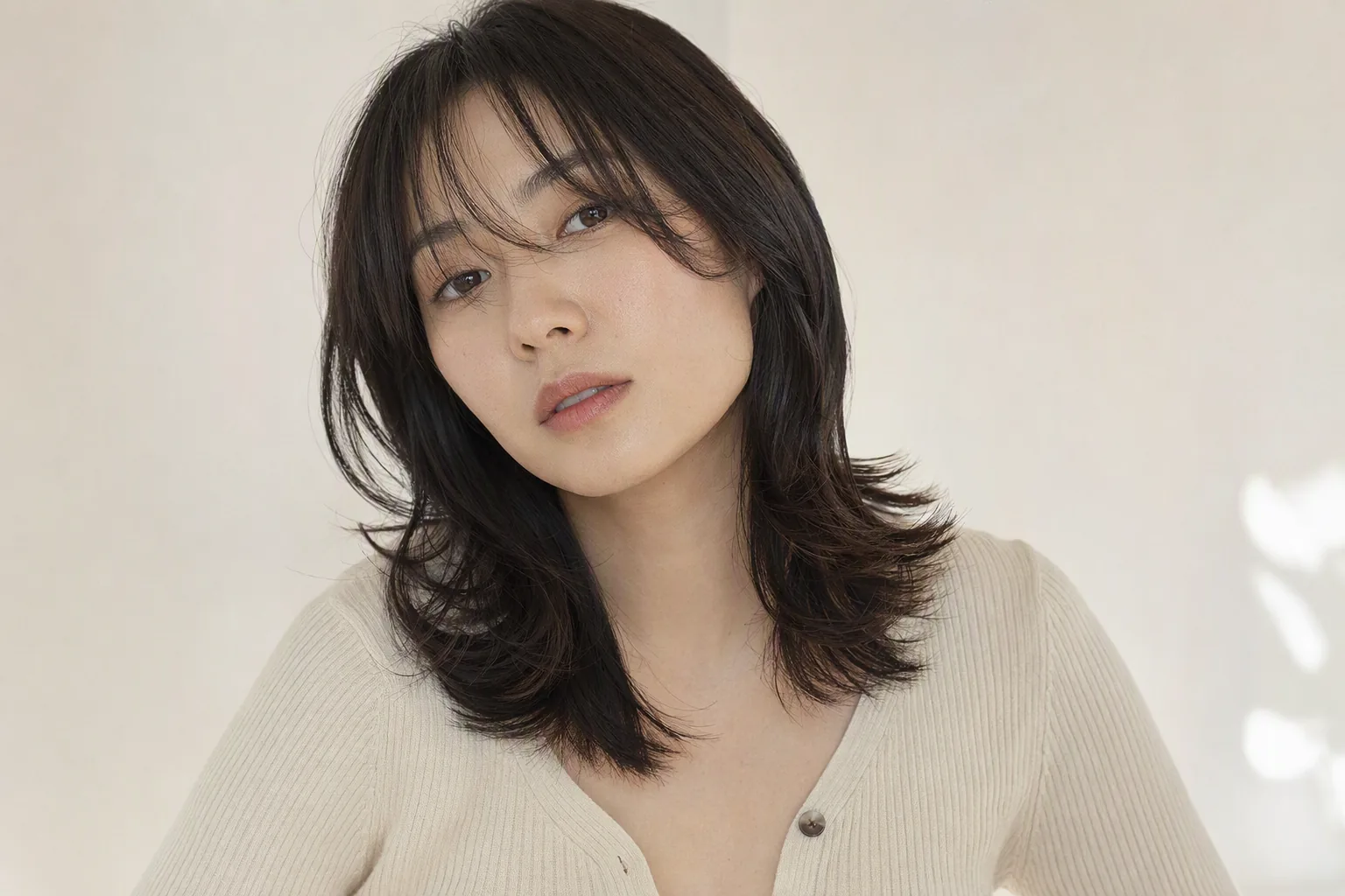 留中长层次发的女生,穿米色开衫站在明亮窗边