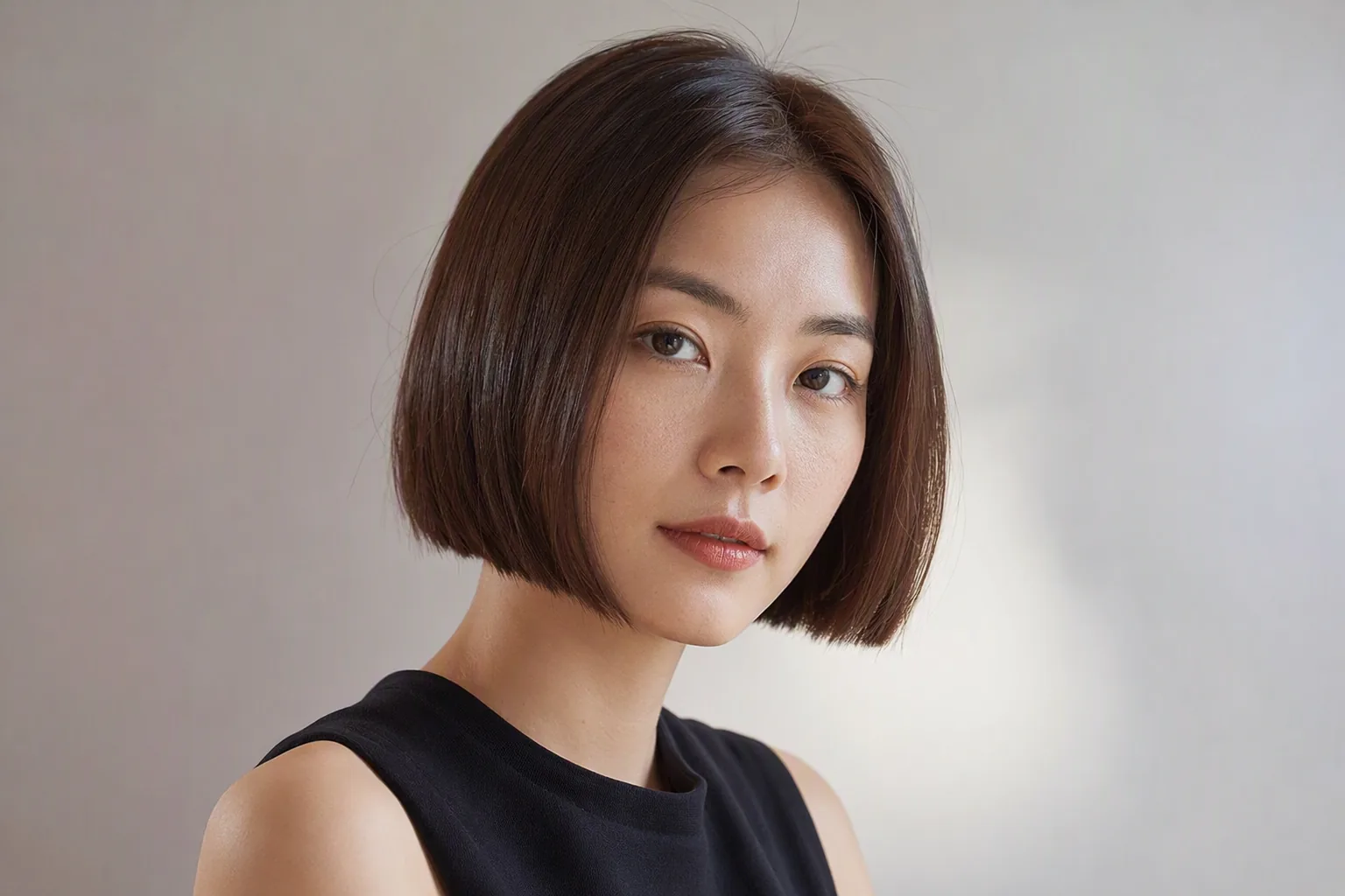 棕色波波头女生正面直视镜头,黑色无袖上衣,柔光棚拍
