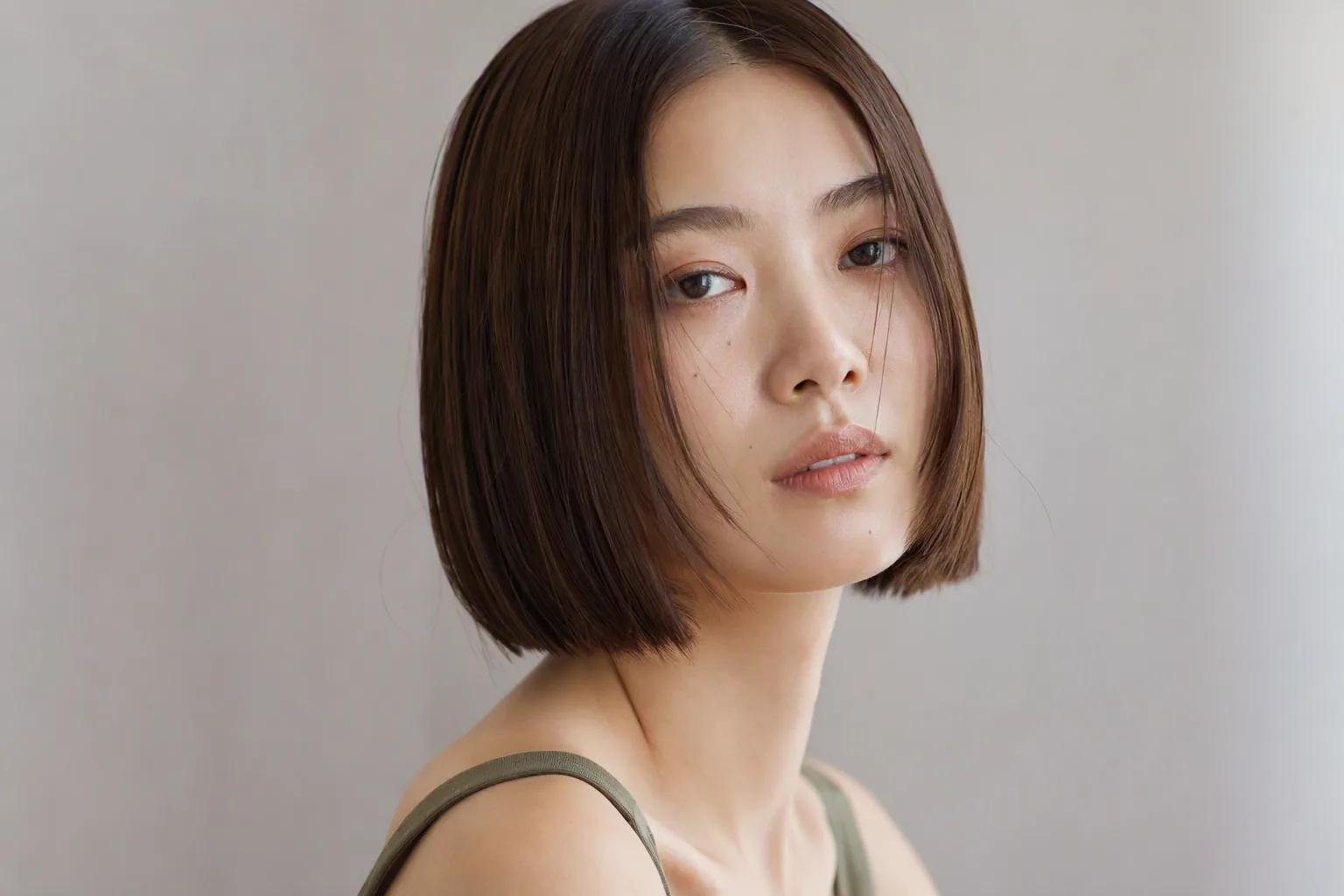 齐下巴短发女生微微侧头,露出脸部轮廓,纯色背景