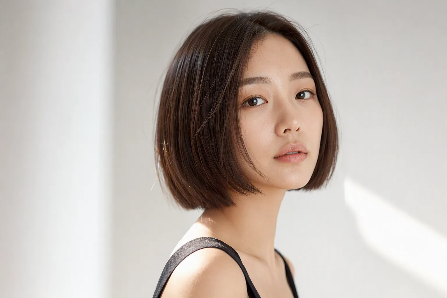 染成棕色的短发女生站在有阳光光斑的墙前,展示发色效果