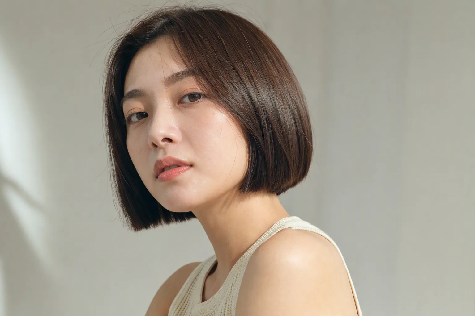 短髮女生在淺灰背景前,髮絲服貼不毛躁,身穿米色背心