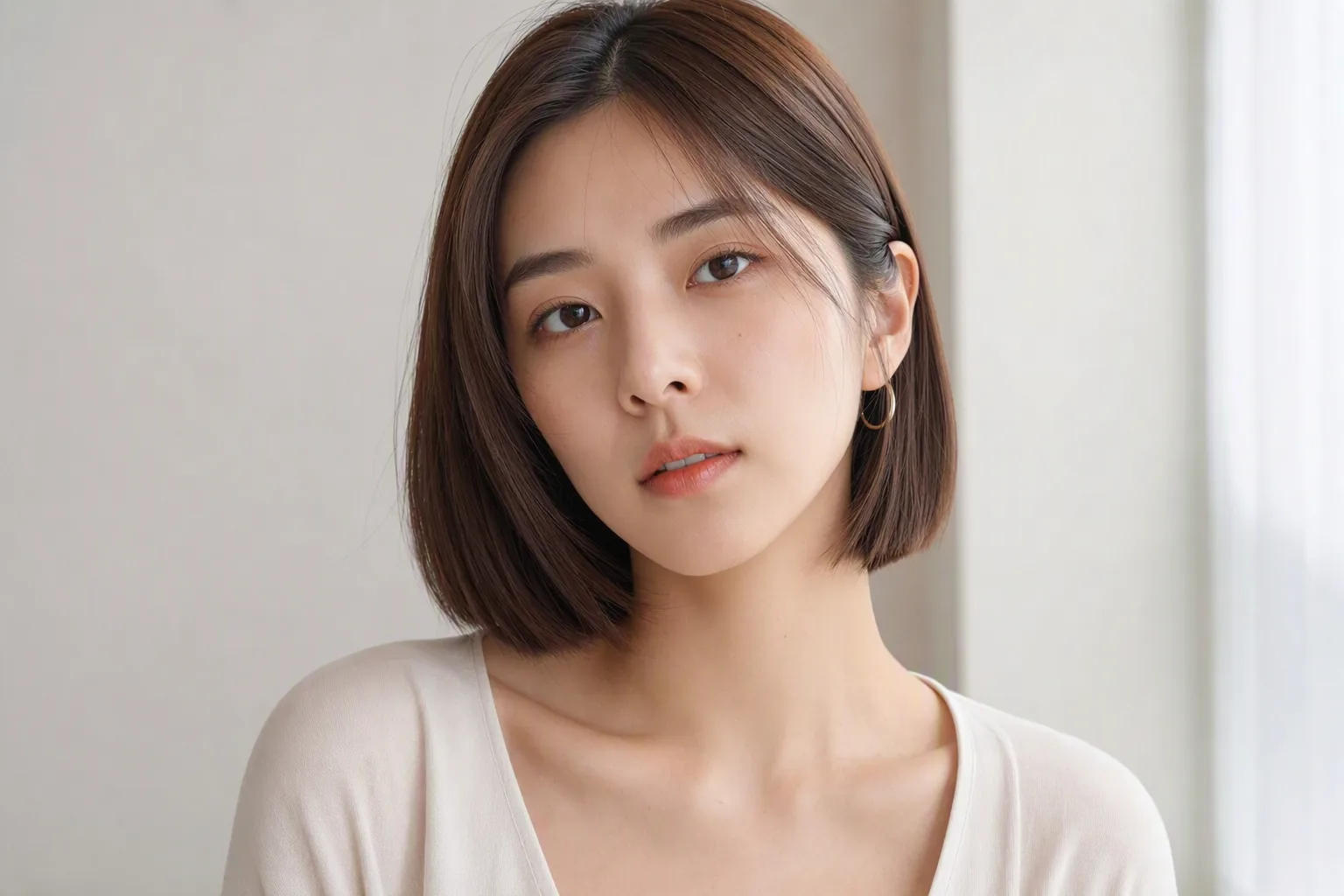 棕髮短髮女生靠在窗邊，米色針織上衣，呈現顯白的髮色